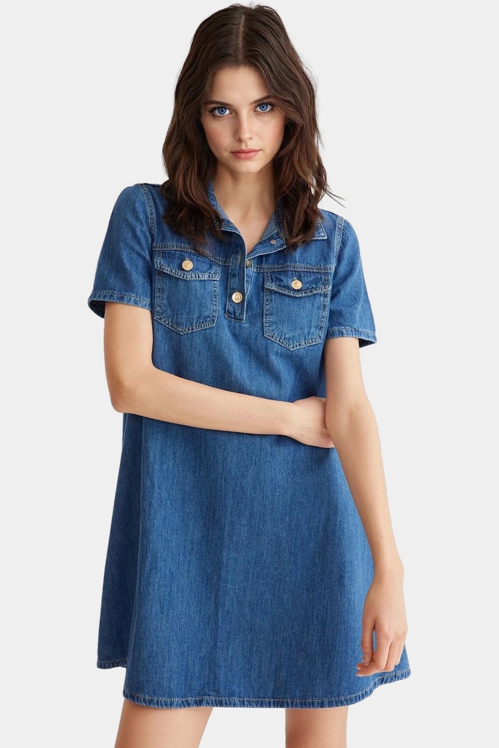 Kısa Kollu Pamuklu Denim Gömlek Elbise Cep Detaylı Mini Boy Günlük Tarz Modern Stil