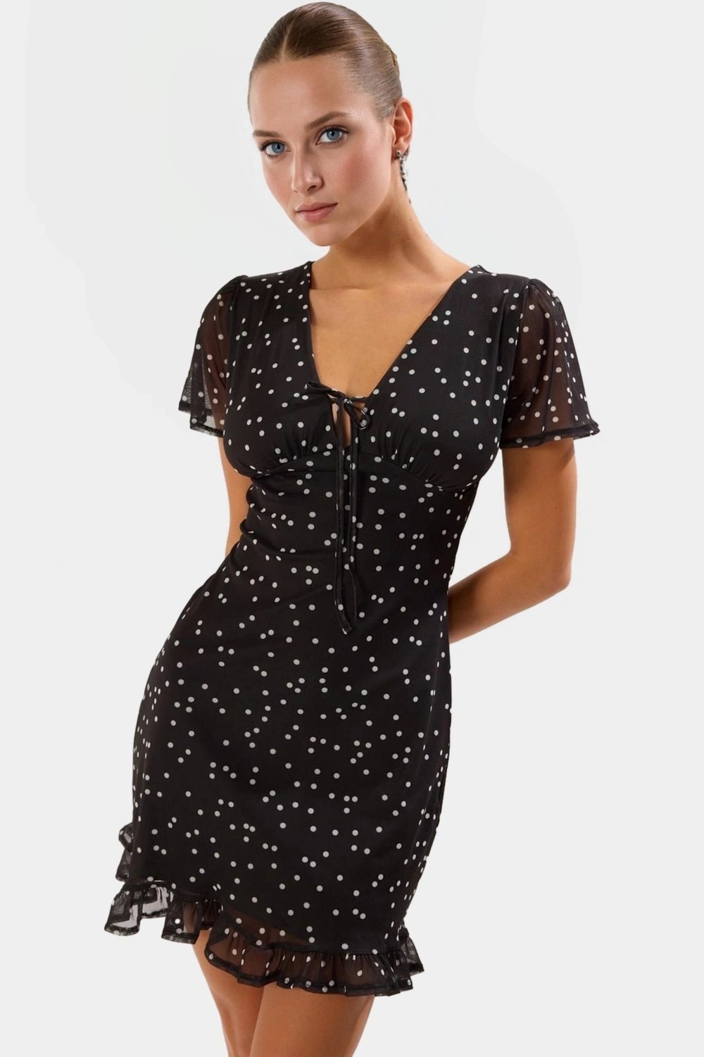 Kısa Kol Bodycon Puantiyeli Mini Tül Elbise Yaz için Yüksek Kalite Premium