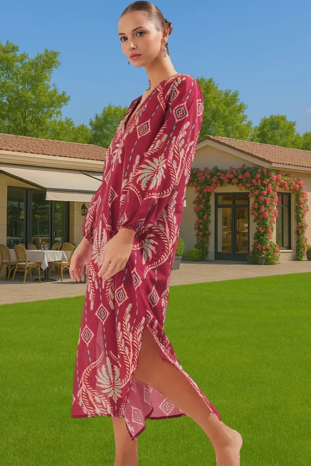 Rahat Pamuklu Maxi Elbise Etnik Desenli Balon Kol Günlük Şık Şık Görünüm Seçkin Malzeme Modern Stil