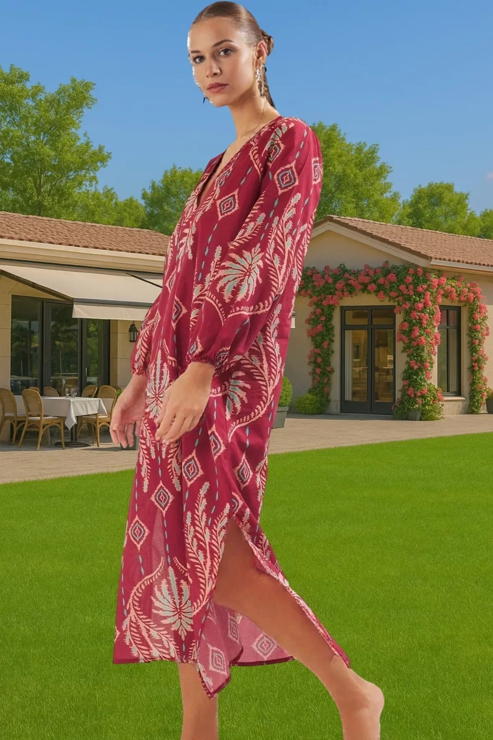 Rahat Pamuklu Maxi Elbise Etnik Desenli Balon Kol Günlük Şık Şık Görünüm Seçkin Malzeme Modern Stil