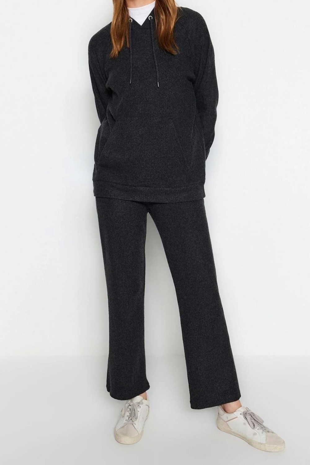 Moda Yüksek Bel Bisiklet Yaka Sportswear Kapüşonlu Kaşkorse Sweatshirt-Pantolon Örme Alt-Üst Takım