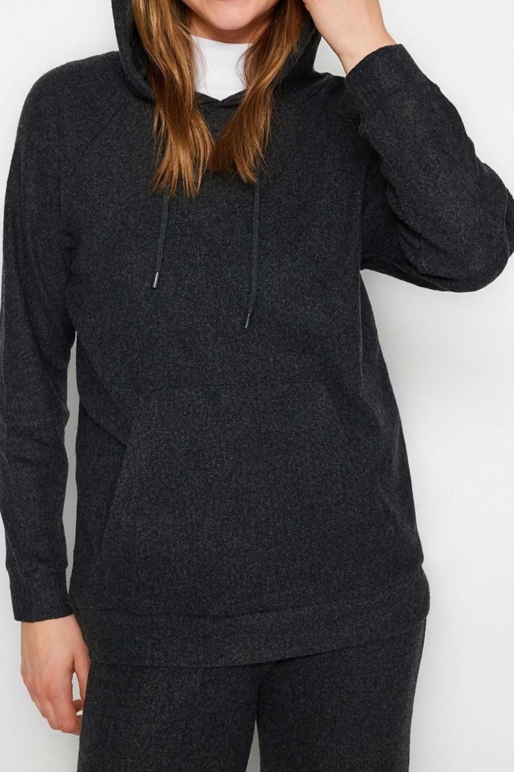 Moda Yüksek Bel Bisiklet Yaka Sportswear Kapüşonlu Kaşkorse Sweatshirt-Pantolon Örme Alt-Üst Takım