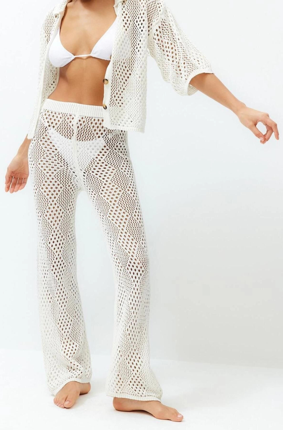 Moda Triko Düz Gömlek Yaka Plaj Ekru Triko Gömlek Pantolon Takım