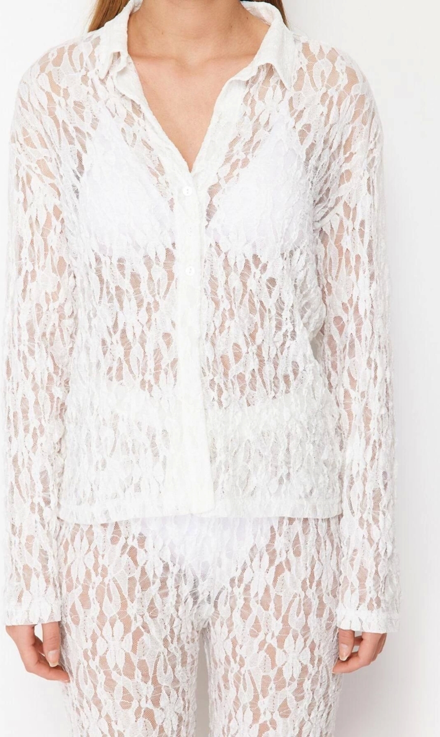 Moda Örme Düz Gömlek Yaka Plaj Beyaz Örme Dantelli Gömlek Pantolon Takım