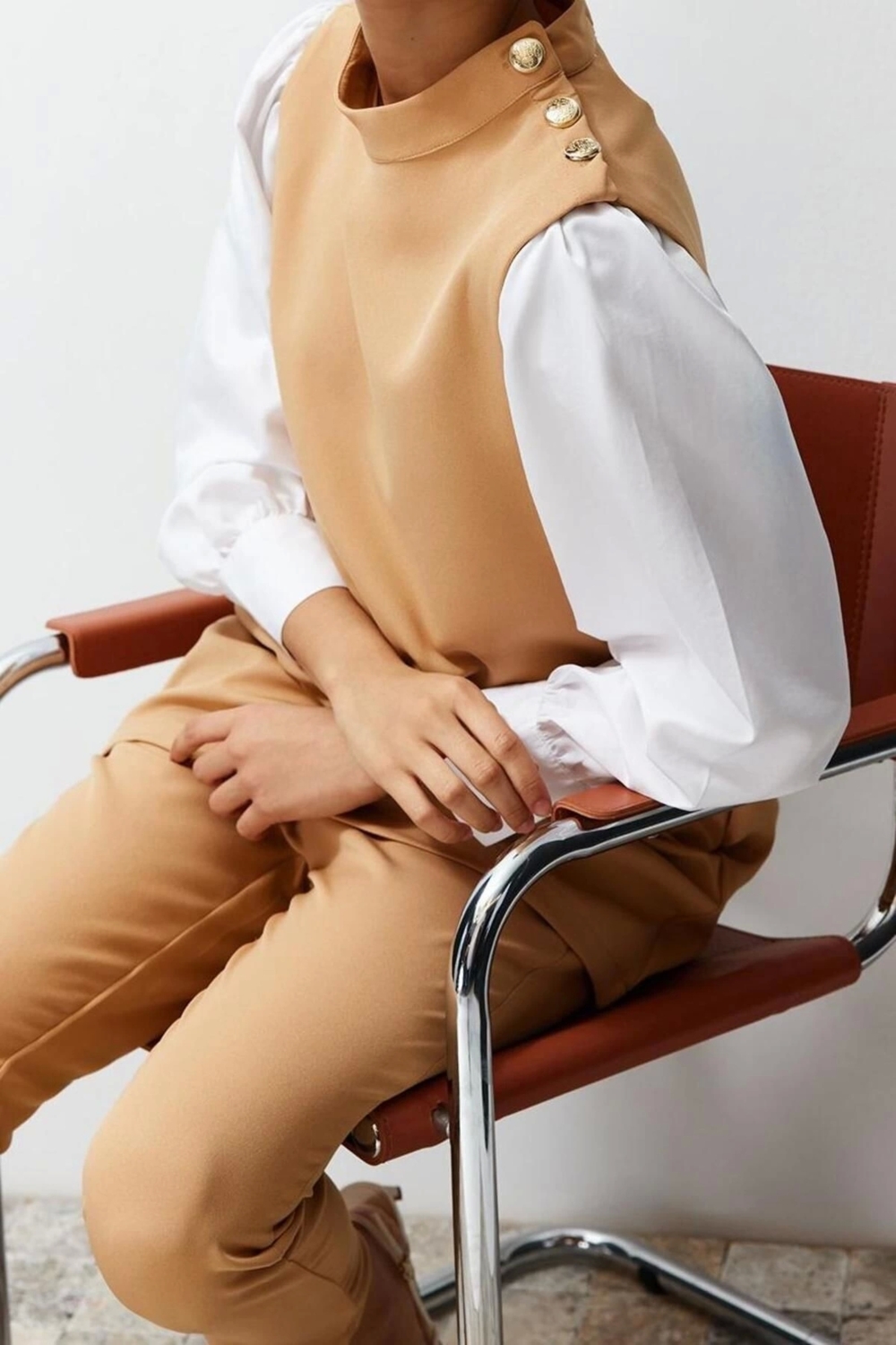 Moda Dokuma Düz Dik Yaka Resmi Tunik Pantolon Krep Dokuma Alt Üst Takım