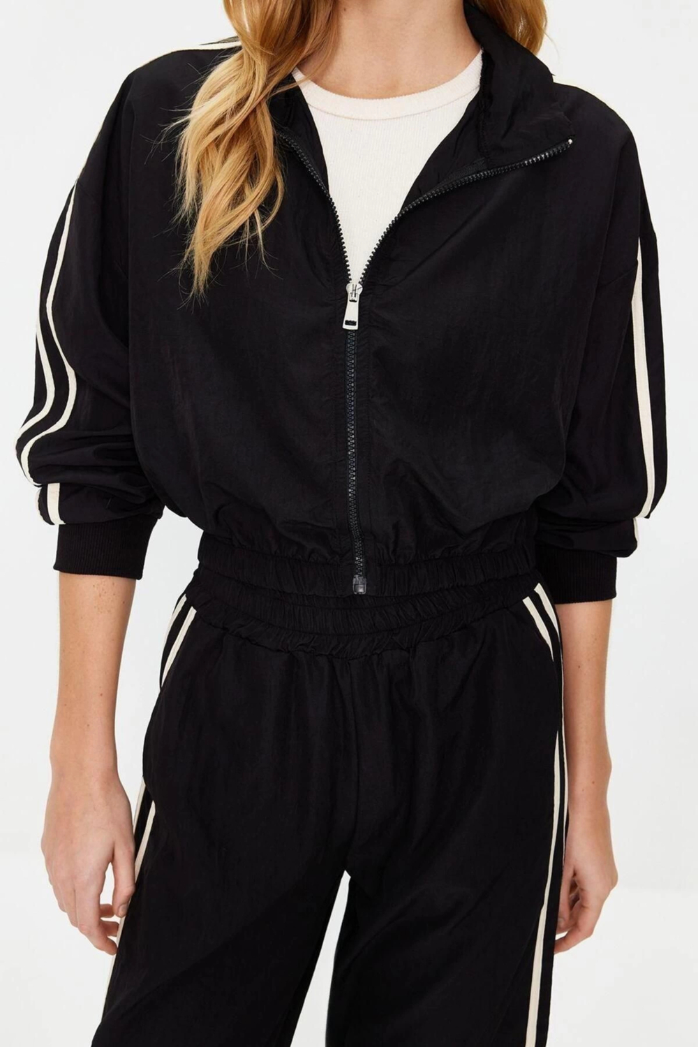Moda Dokuma Düz Dik Yaka Casual Günlük Siyah Çizgili Dokuma Alt Üst Takım