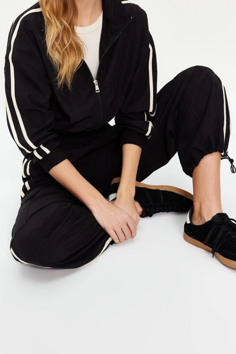 Moda Dokuma Düz Dik Yaka Casual Günlük Siyah Çizgili Dokuma Alt Üst Takım