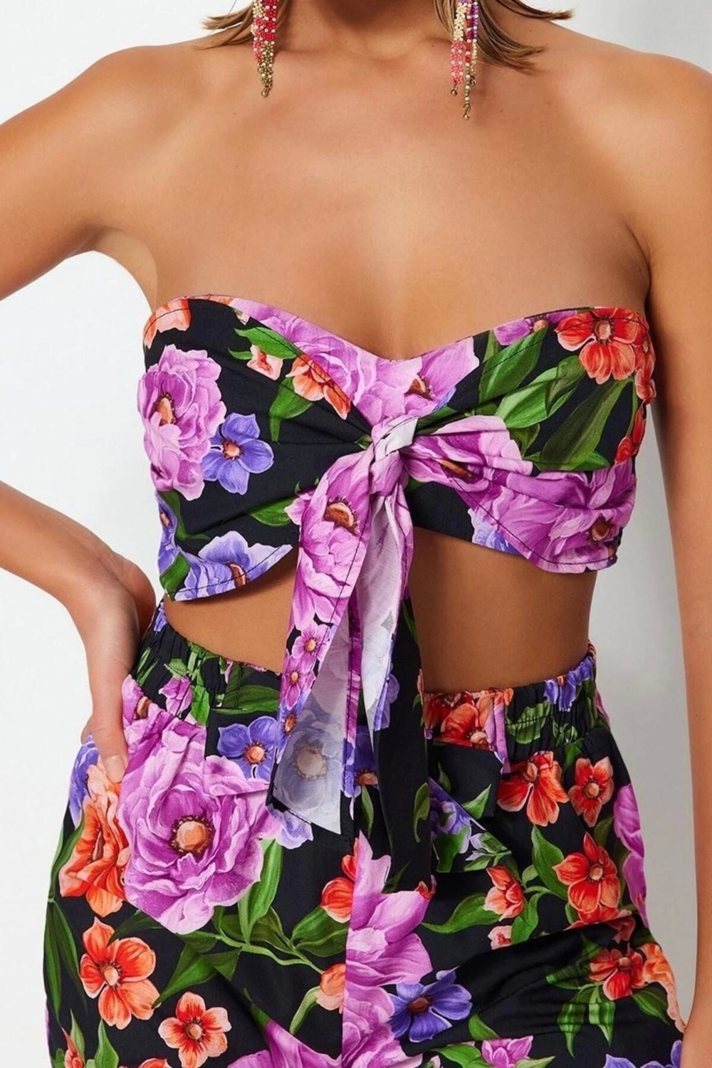 Moda Dokuma Çiçekli Straplez Plaj Dokuma Bağlamalı %100 Pamuklu Bluz Şort Takım
