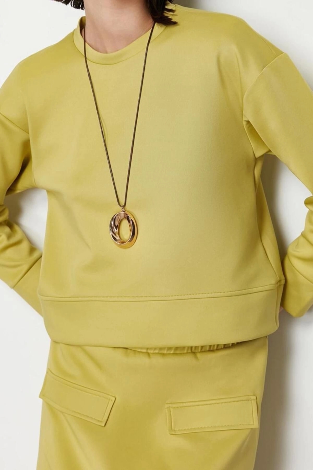 Moda Örme Düz Casual Günlük Yeşil Dalgıç Scuba Düz Örme Sweat-Etek Takım