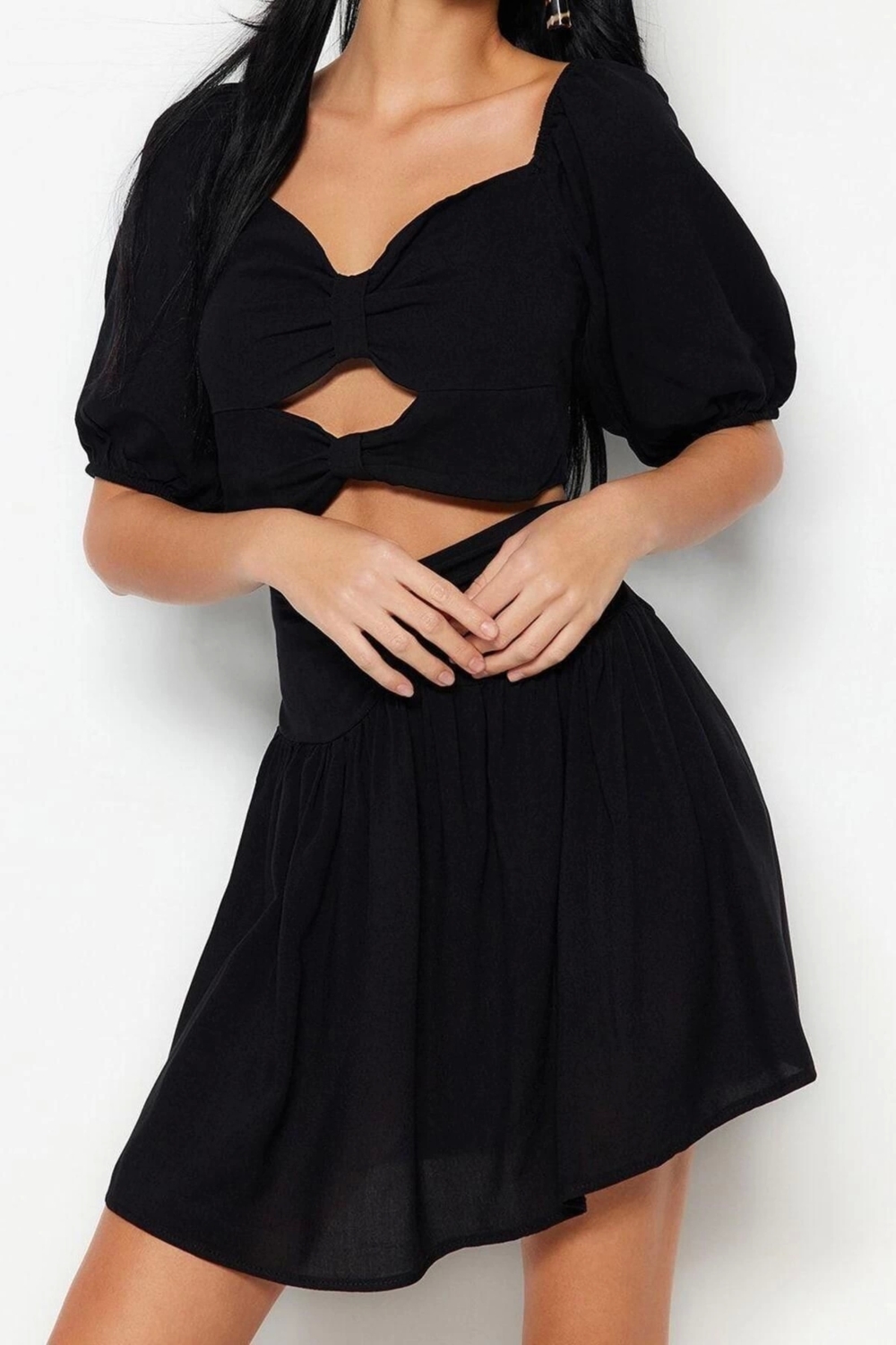 Moda Dokuma Düz V Yaka Balon Kol Plaj Yeşil Dokuma Cut Out Pencere Bluz Etek Takım