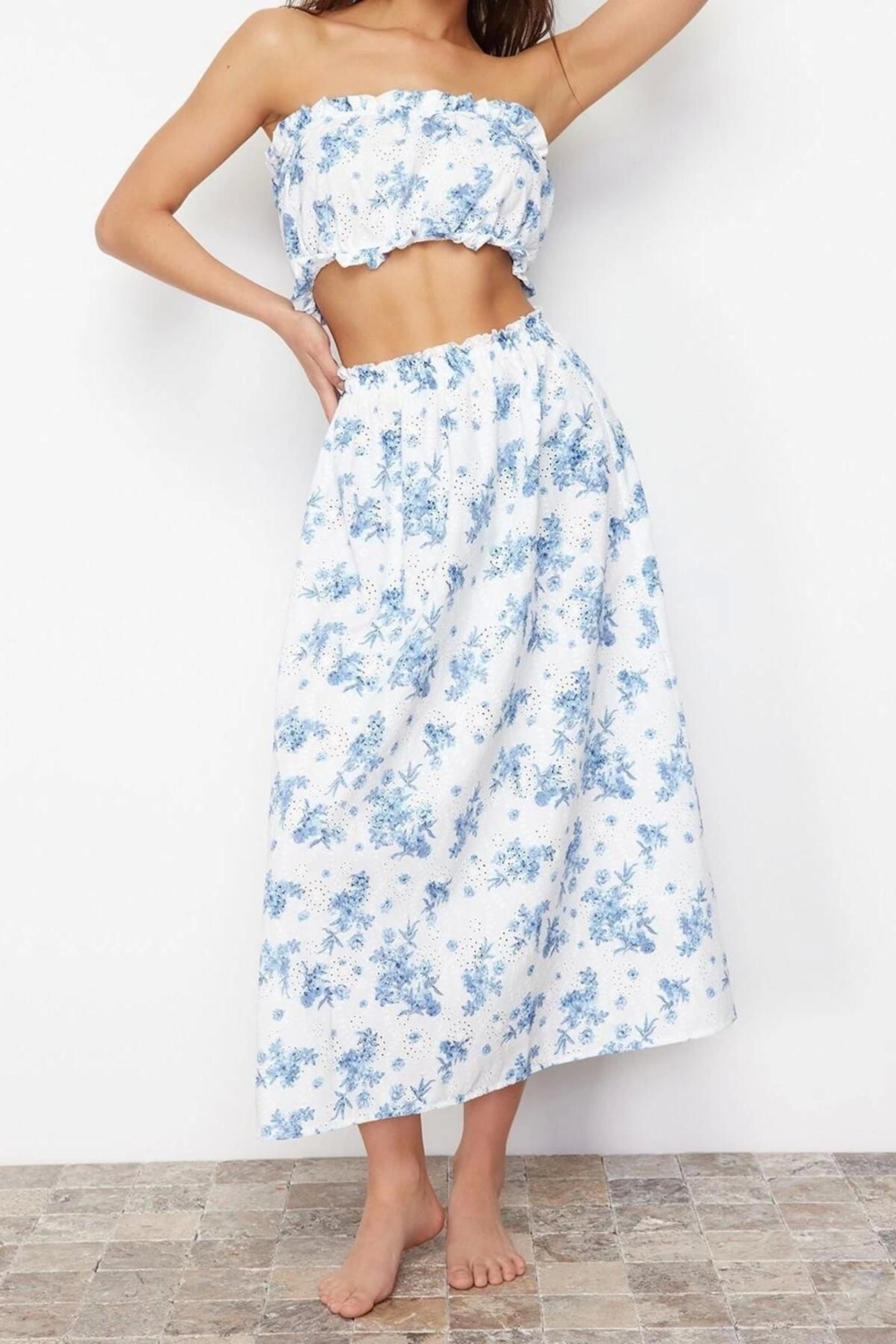 Moda Dokuma Çiçekli Bisiklet Yaka Plaj Midi Dokuma Fırfırlı Brodeli %100 Pamuklu Bluz Etek Takım