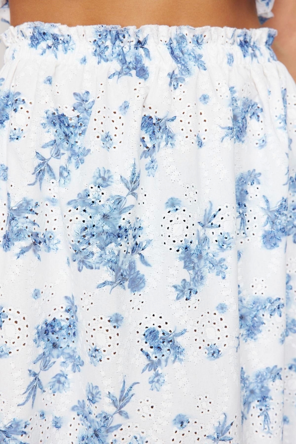 Moda Dokuma Çiçekli Bisiklet Yaka Plaj Midi Dokuma Fırfırlı Brodeli %100 Pamuklu Bluz Etek Takım