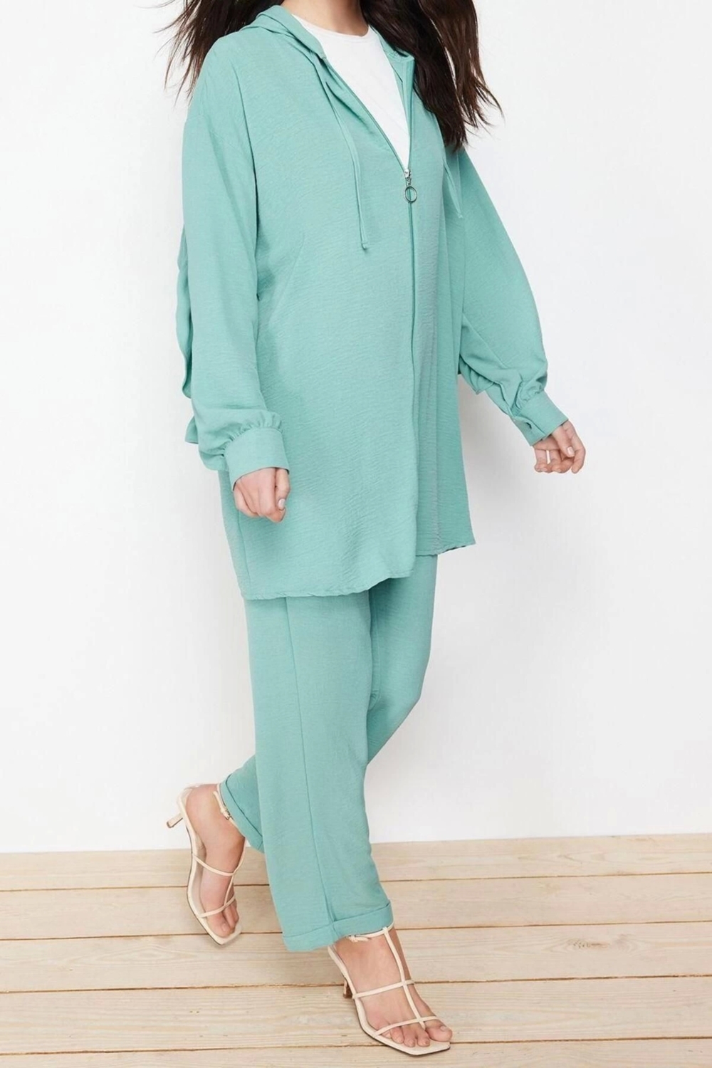 Moda Dokuma Düz Kapüşonlu Düşük Kol Casual Günlük Mint Fırfır Detaylı Aerobin Dokuma Alt Üst Takım