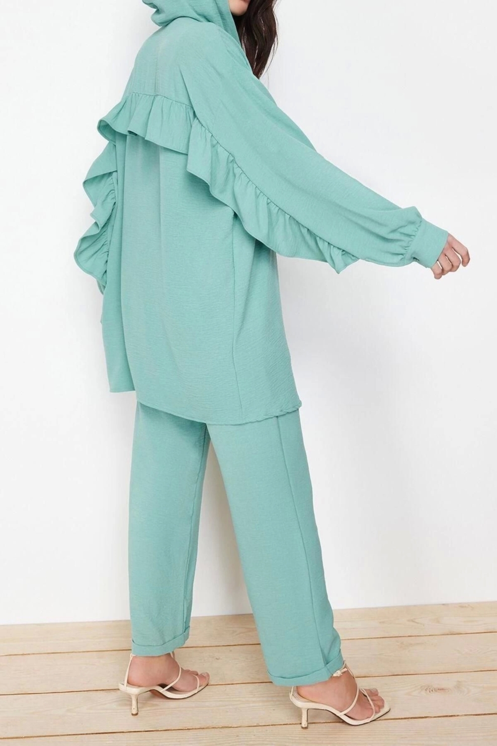 Moda Dokuma Düz Kapüşonlu Düşük Kol Casual Günlük Mint Fırfır Detaylı Aerobin Dokuma Alt Üst Takım