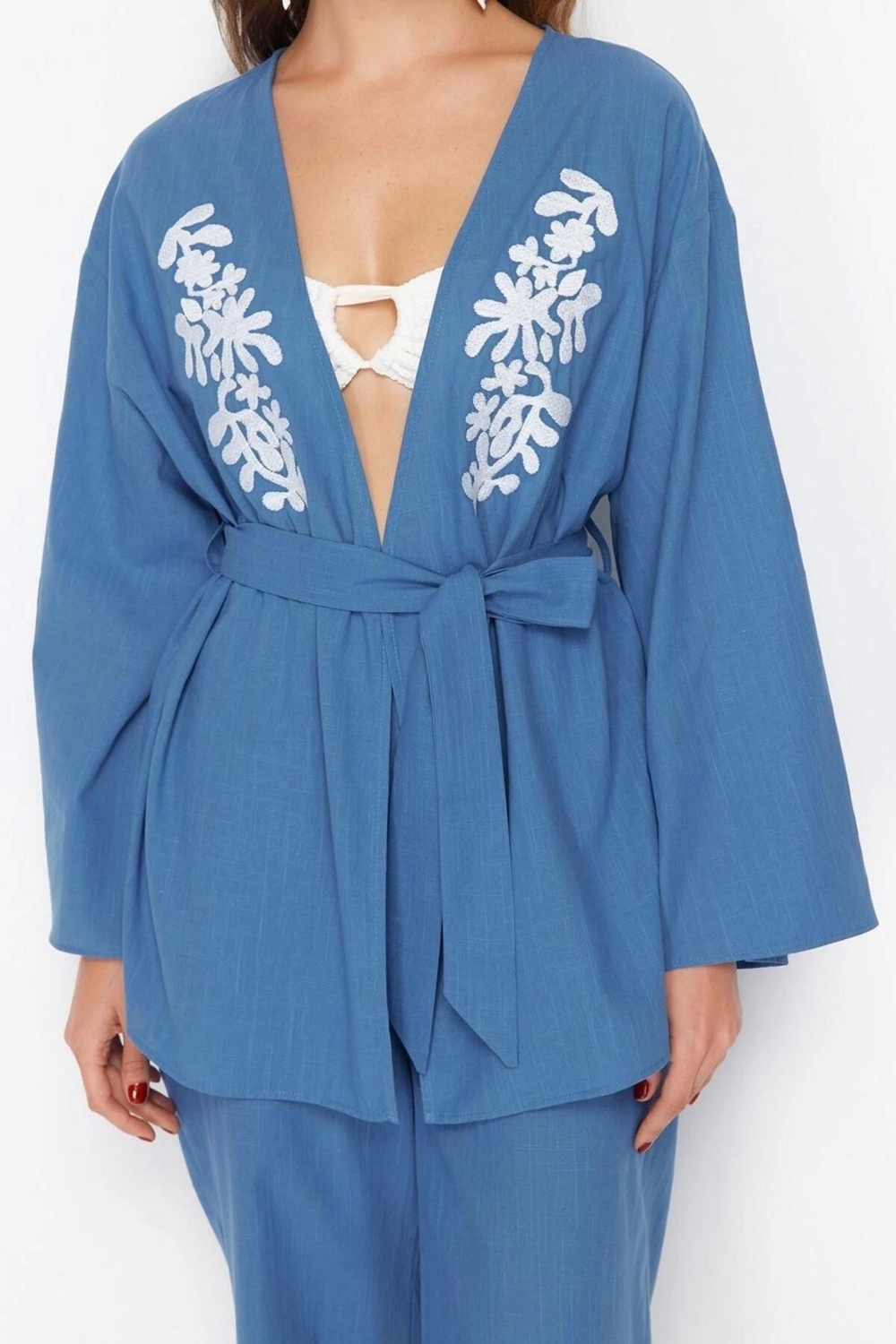 Moda Dokuma Düz Kruvaze Plaj Kuşaklı Dokuma Nakışlı Kimono Pantolon Takım