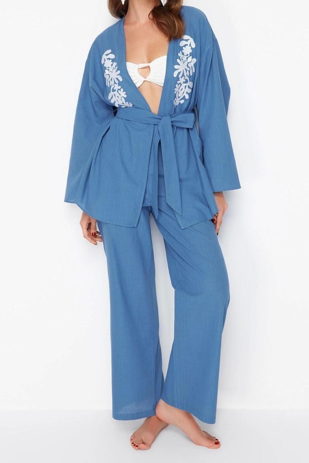 Moda Dokuma Düz Kruvaze Plaj Kuşaklı Dokuma Nakışlı Kimono Pantolon Takım