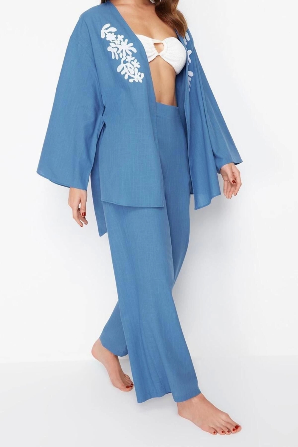 Moda Dokuma Düz Kruvaze Plaj Kuşaklı Dokuma Nakışlı Kimono Pantolon Takım