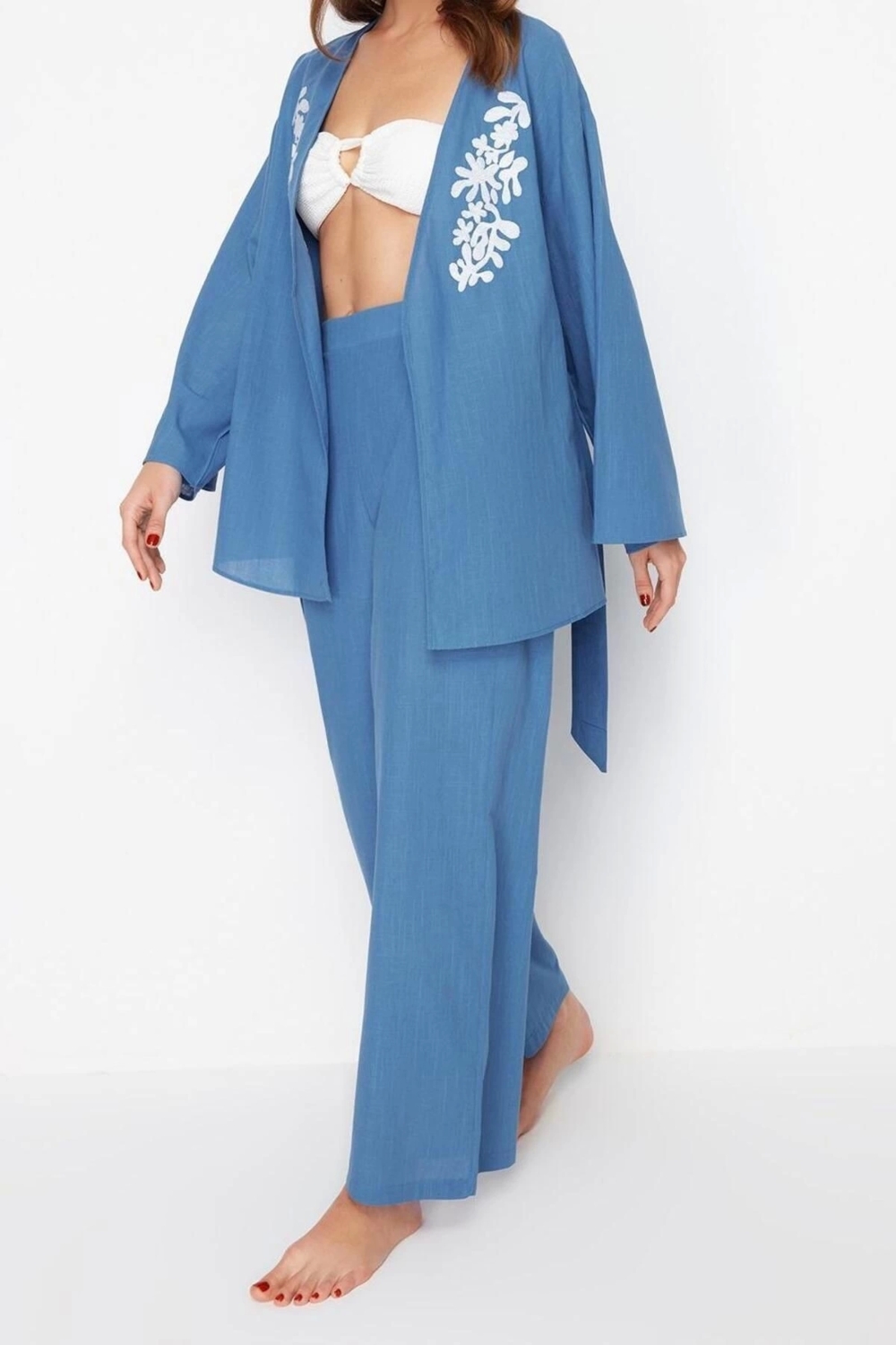 Moda Dokuma Düz Kruvaze Plaj Kuşaklı Dokuma Nakışlı Kimono Pantolon Takım