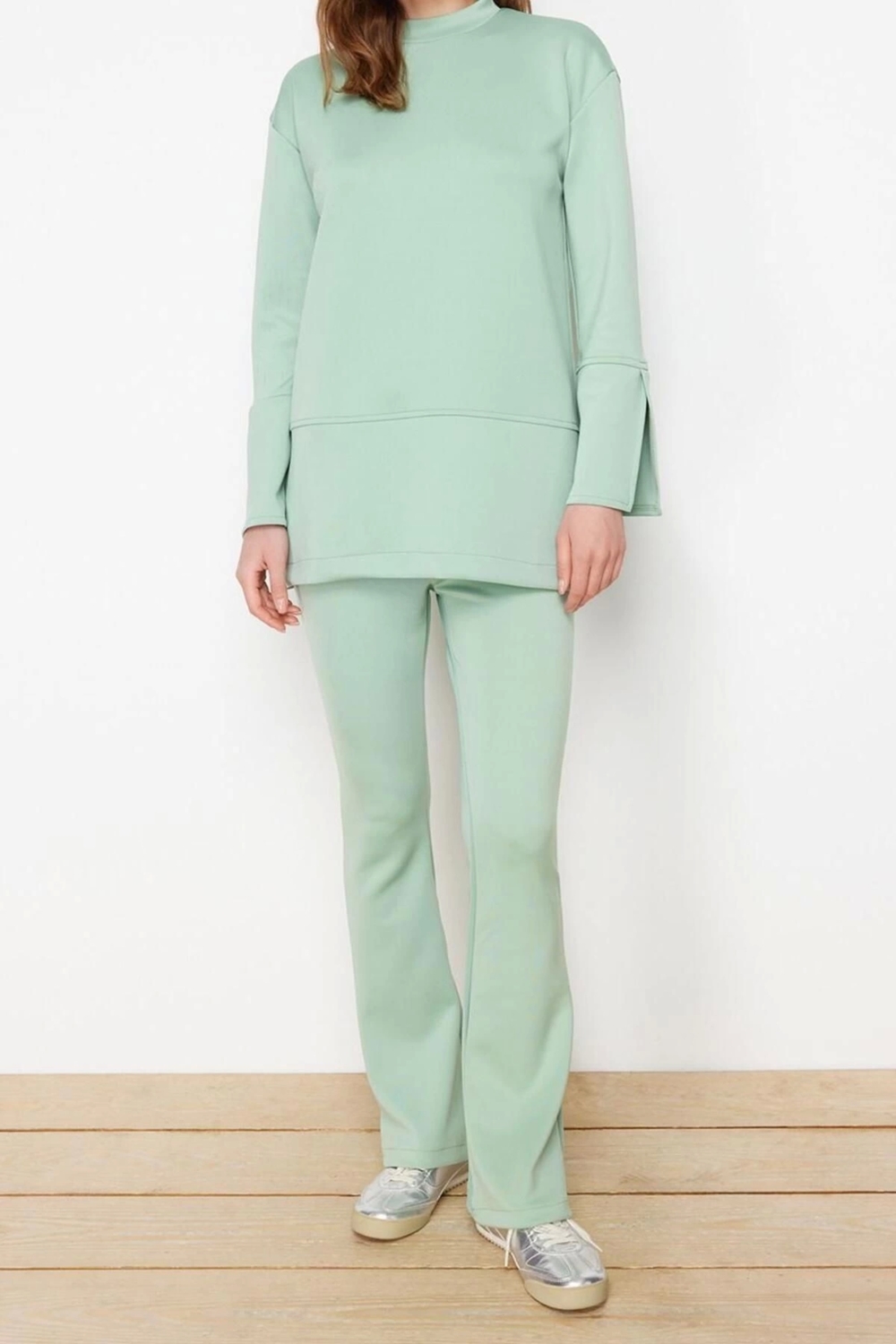 Moda Örme Düz Reglan Kol Casual Günlük Mint Dalgıç Scuba Örme Alt-Üst Takım