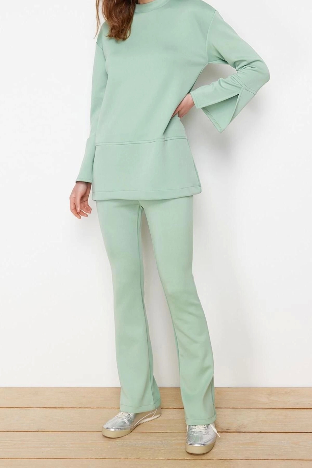 Moda Örme Düz Reglan Kol Casual Günlük Mint Dalgıç Scuba Örme Alt-Üst Takım