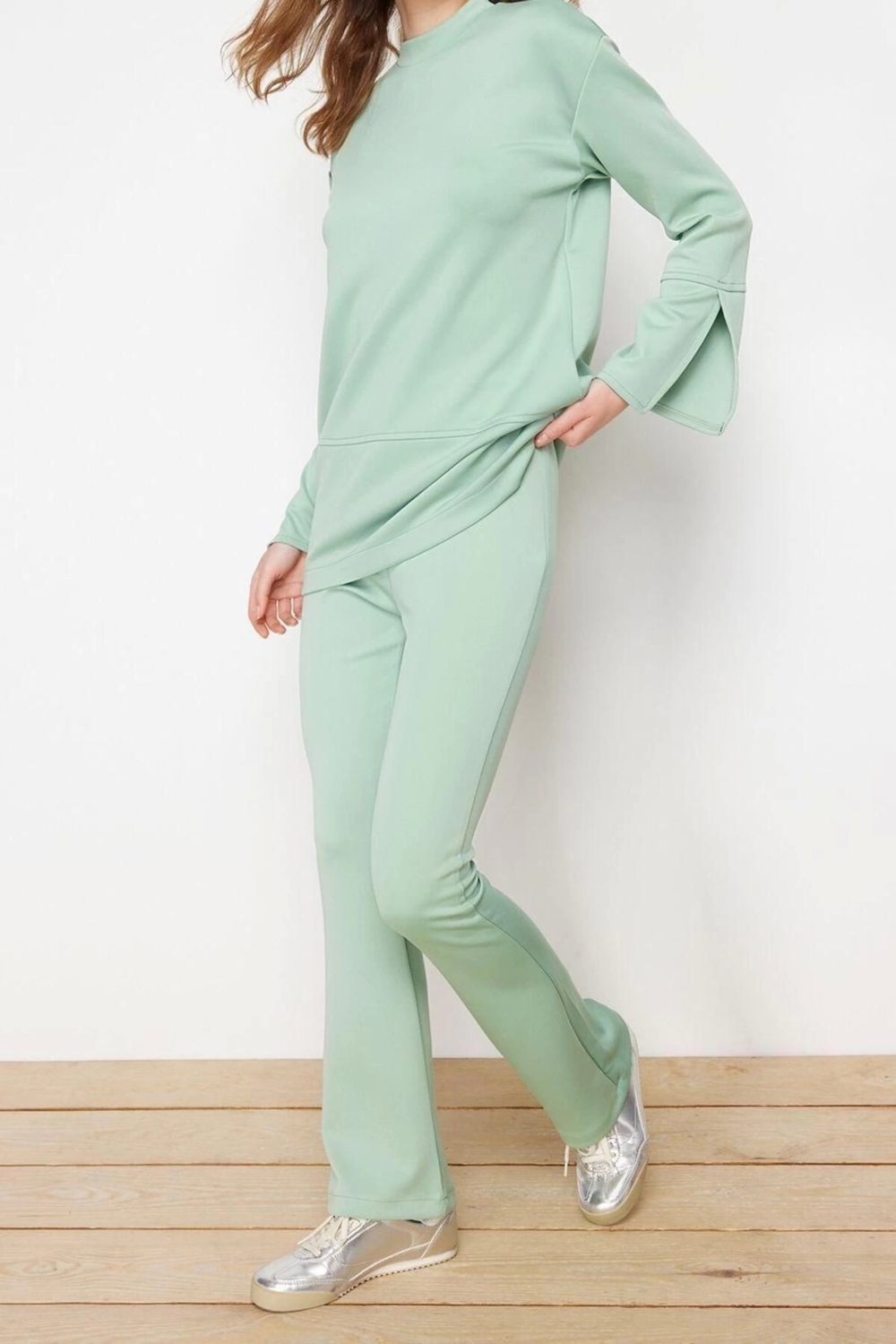 Moda Örme Düz Reglan Kol Casual Günlük Mint Dalgıç Scuba Örme Alt-Üst Takım