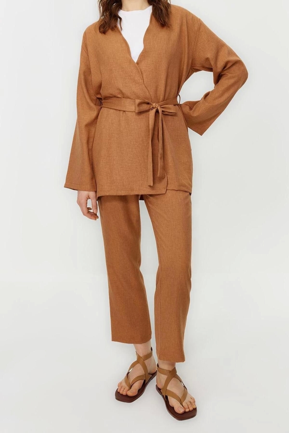 Moda Bisiklet Yaka Düşük Kol Günlük Kuşaklı Keten Görünümlü Kimono Pantolon Dokuma Alt Üst Takım