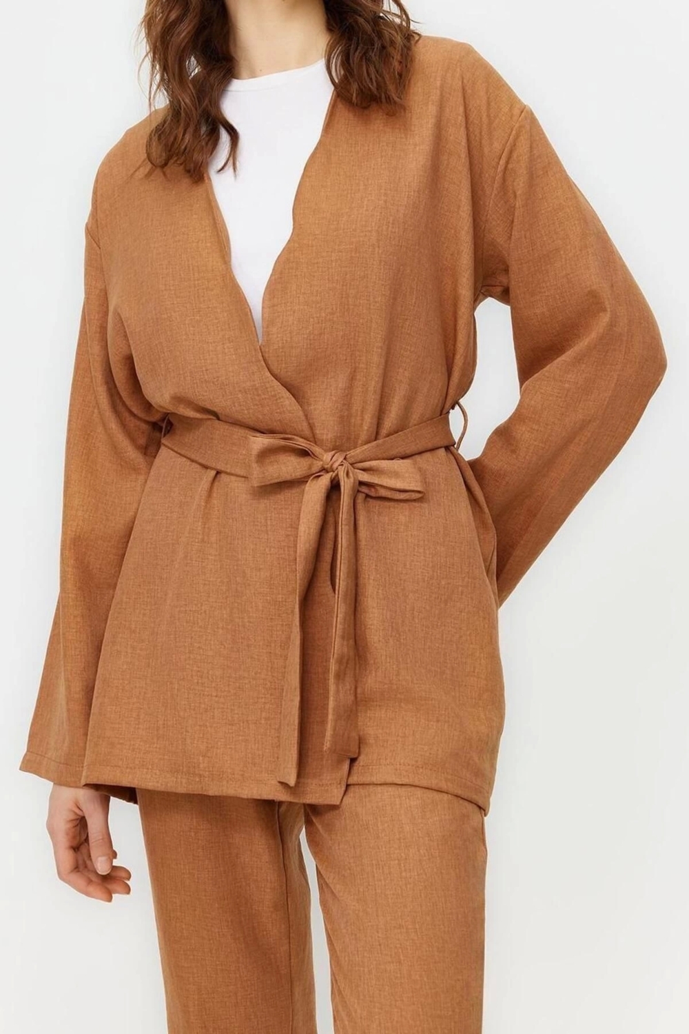 Moda Bisiklet Yaka Düşük Kol Günlük Kuşaklı Keten Görünümlü Kimono Pantolon Dokuma Alt Üst Takım