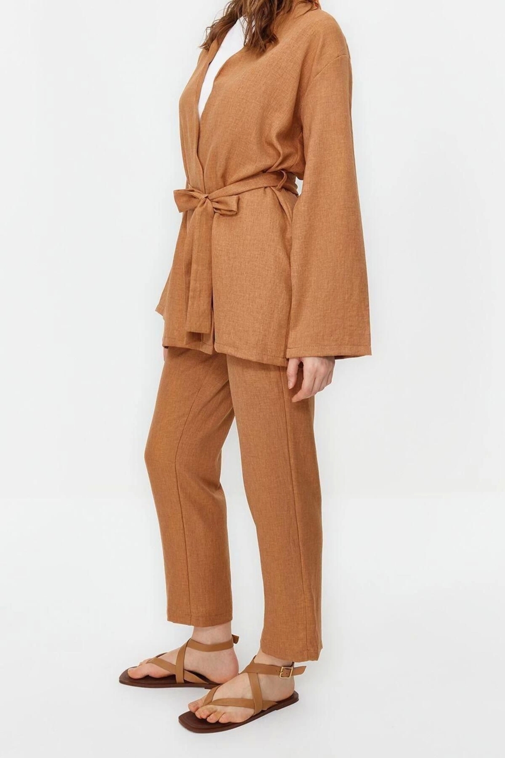 Moda Bisiklet Yaka Düşük Kol Günlük Kuşaklı Keten Görünümlü Kimono Pantolon Dokuma Alt Üst Takım