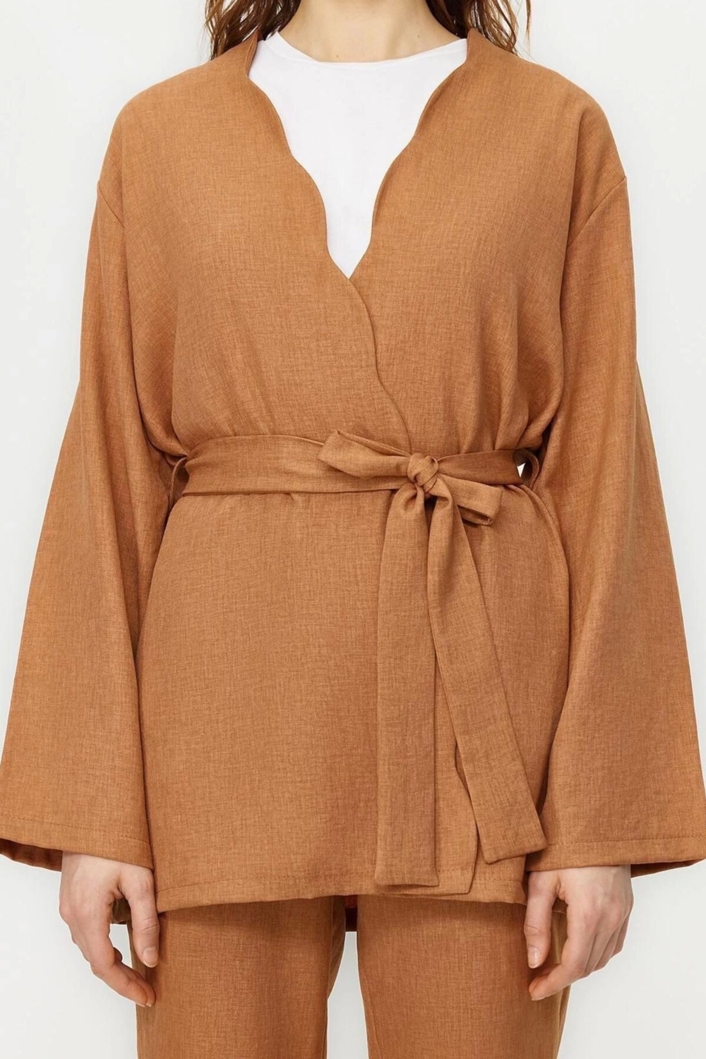 Moda Bisiklet Yaka Düşük Kol Günlük Kuşaklı Keten Görünümlü Kimono Pantolon Dokuma Alt Üst Takım