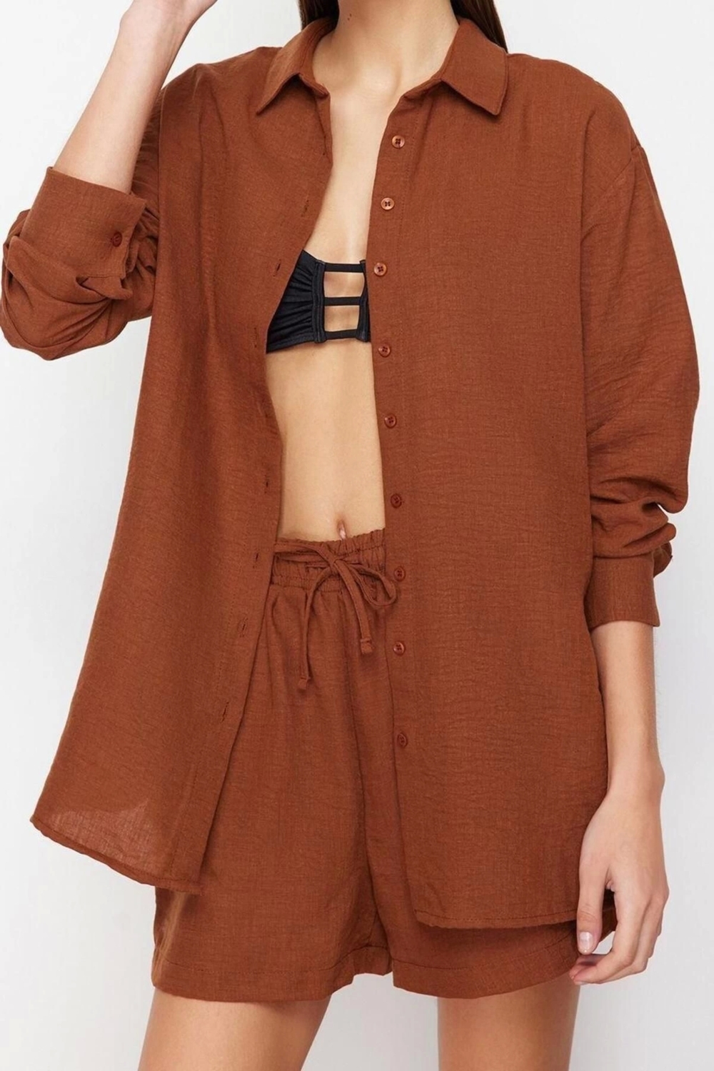 Moda Dokuma Düz Gömlek Yaka Casual Günlük Dokuma Keten Görünümlü Gömlek Şort Takım