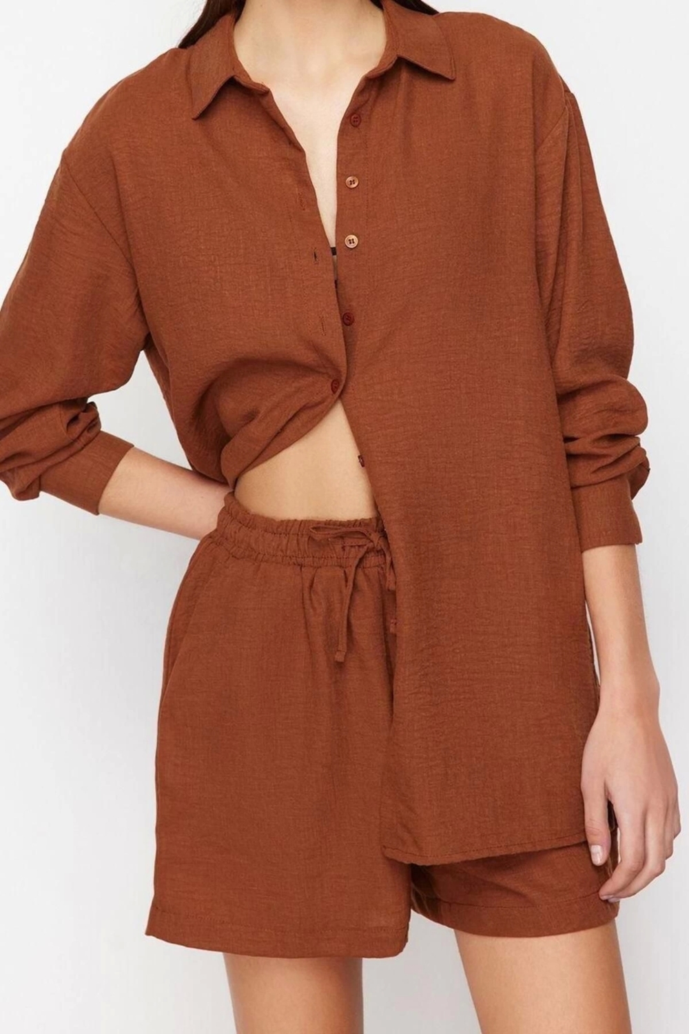 Moda Dokuma Düz Gömlek Yaka Casual Günlük Dokuma Keten Görünümlü Gömlek Şort Takım