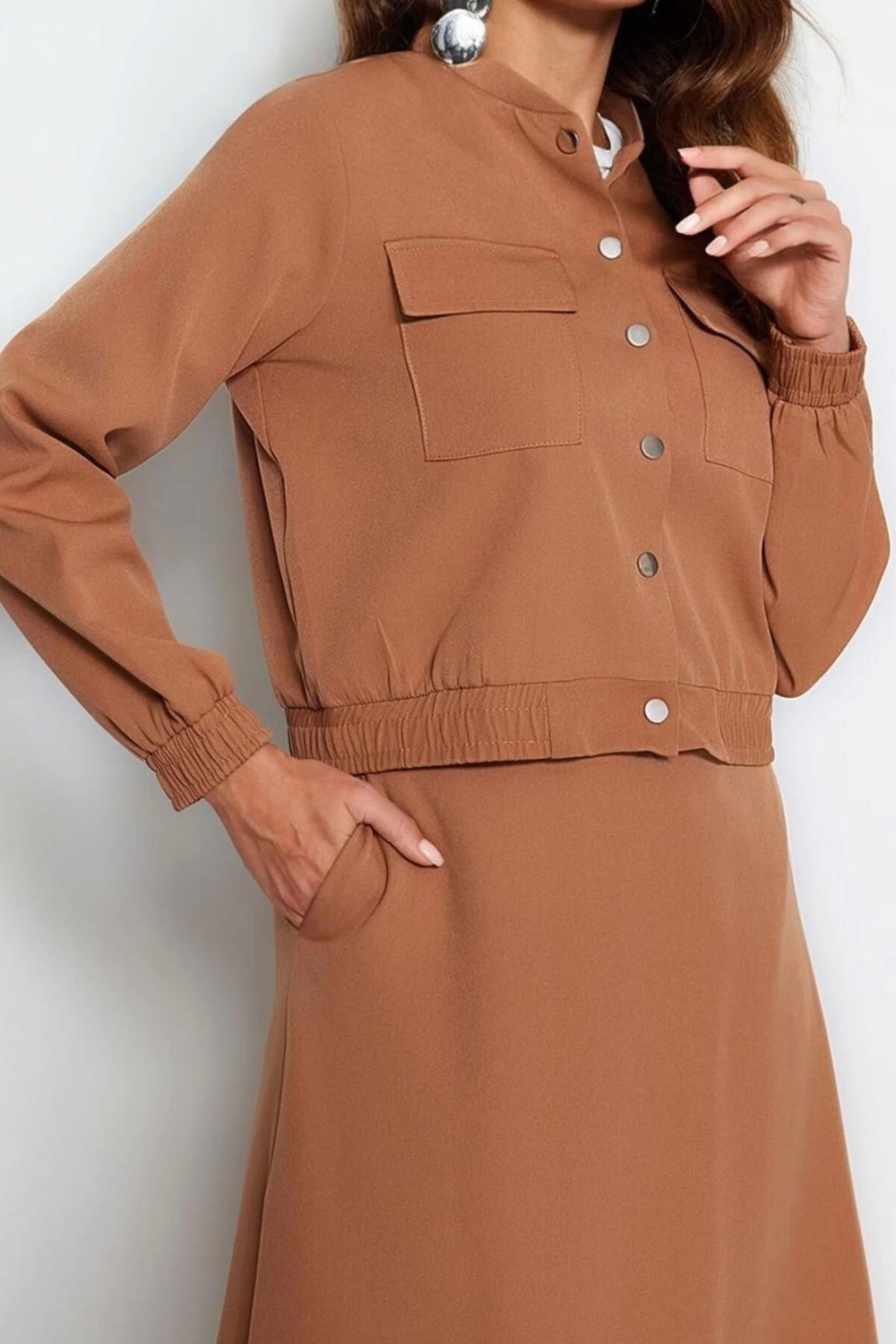 Moda Bisiklet Yaka Düşük Kol Casual Günlük Cepli Bomber Ceket-Etek Dokuma Kumaş Alt-Üst Takım