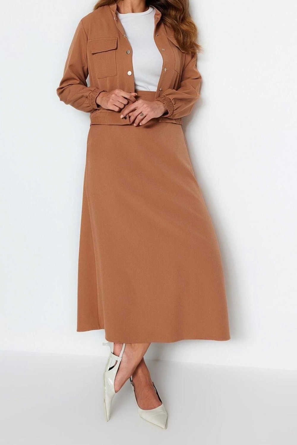 Moda Bisiklet Yaka Düşük Kol Casual Günlük Cepli Bomber Ceket-Etek Dokuma Kumaş Alt-Üst Takım