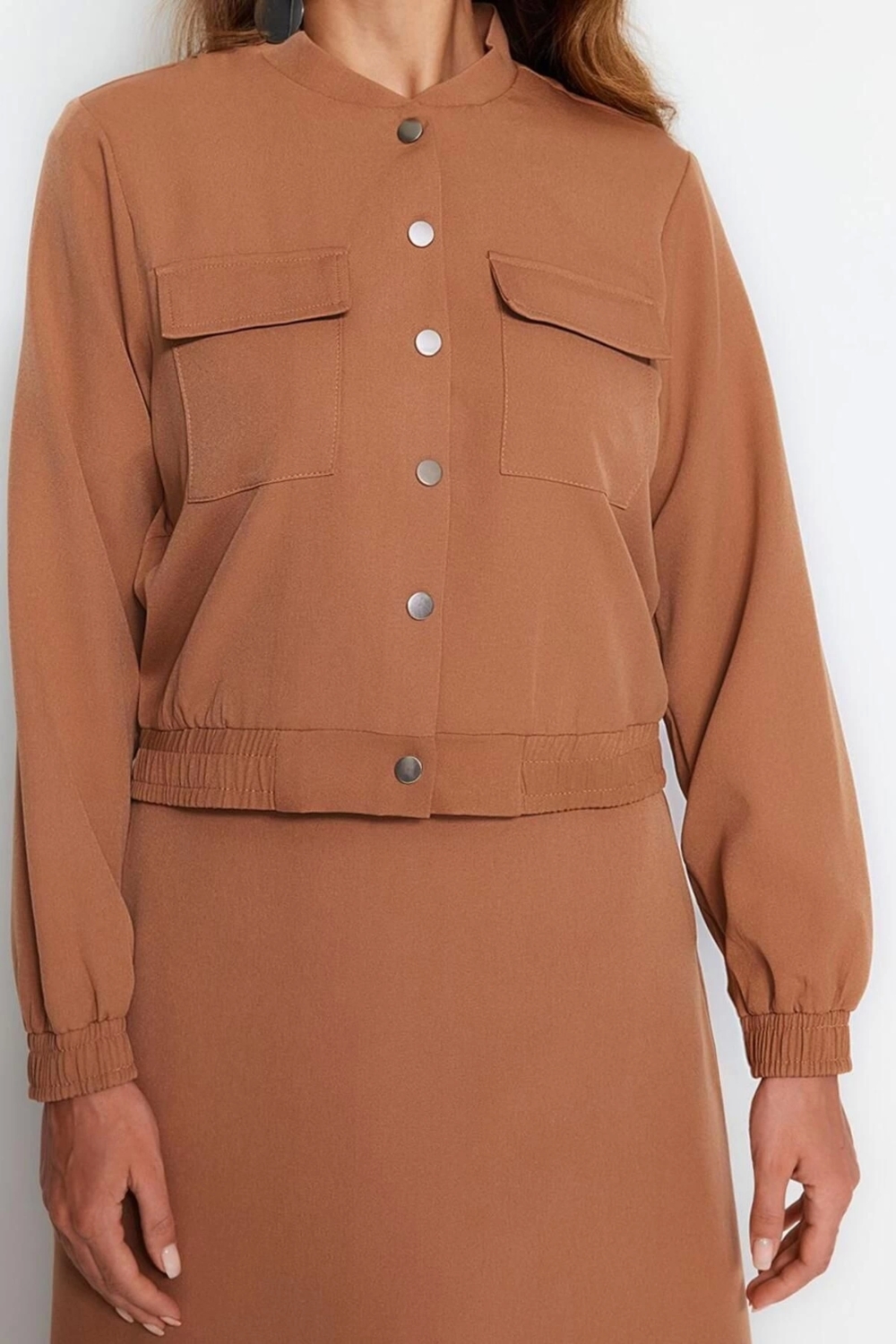 Moda Bisiklet Yaka Düşük Kol Casual Günlük Cepli Bomber Ceket-Etek Dokuma Kumaş Alt-Üst Takım