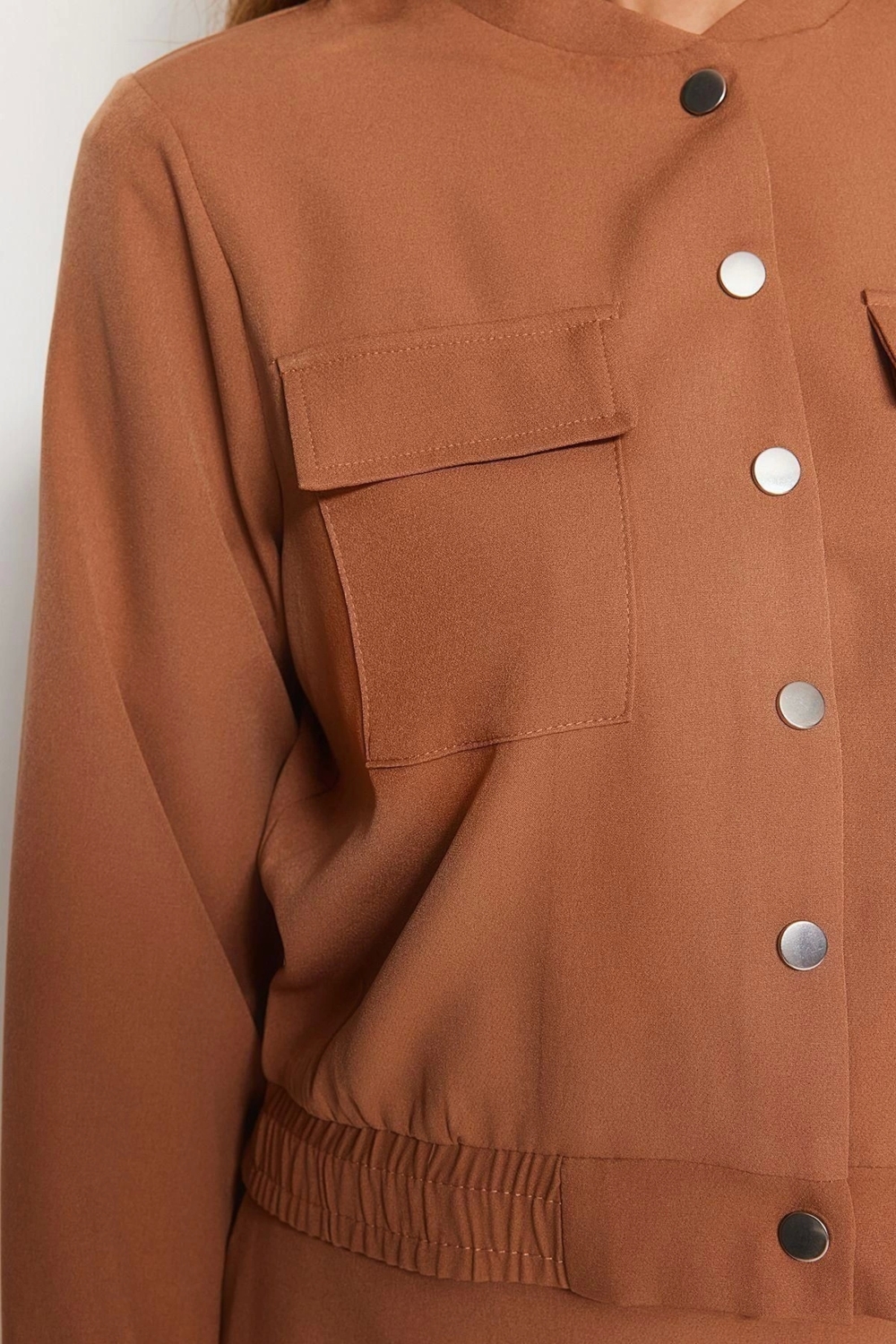 Moda Bisiklet Yaka Düşük Kol Casual Günlük Cepli Bomber Ceket-Etek Dokuma Kumaş Alt-Üst Takım
