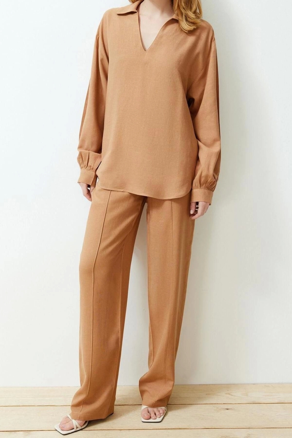 Moda V Yaka Casual Günlük Geniş Kesim V Yaka Bluz Straight Kesim Pantolon Dokuma Alt-Üst Takım