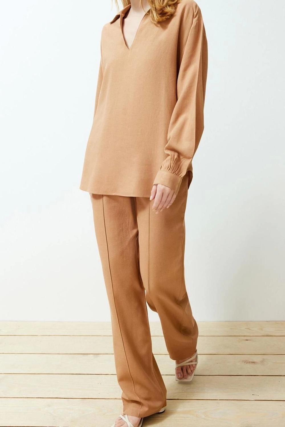 Moda V Yaka Casual Günlük Geniş Kesim V Yaka Bluz Straight Kesim Pantolon Dokuma Alt-Üst Takım