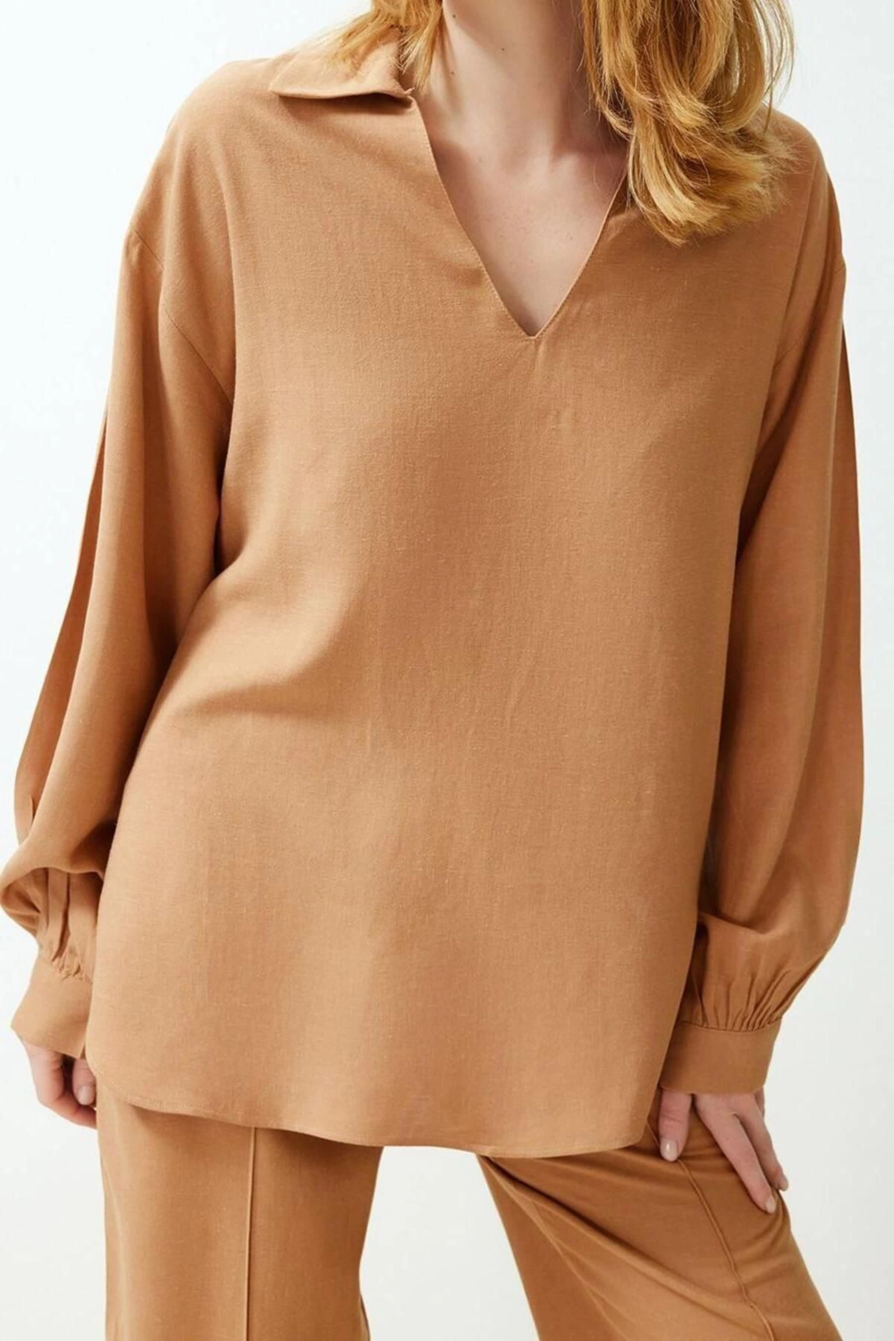 Moda V Yaka Casual Günlük Geniş Kesim V Yaka Bluz Straight Kesim Pantolon Dokuma Alt-Üst Takım