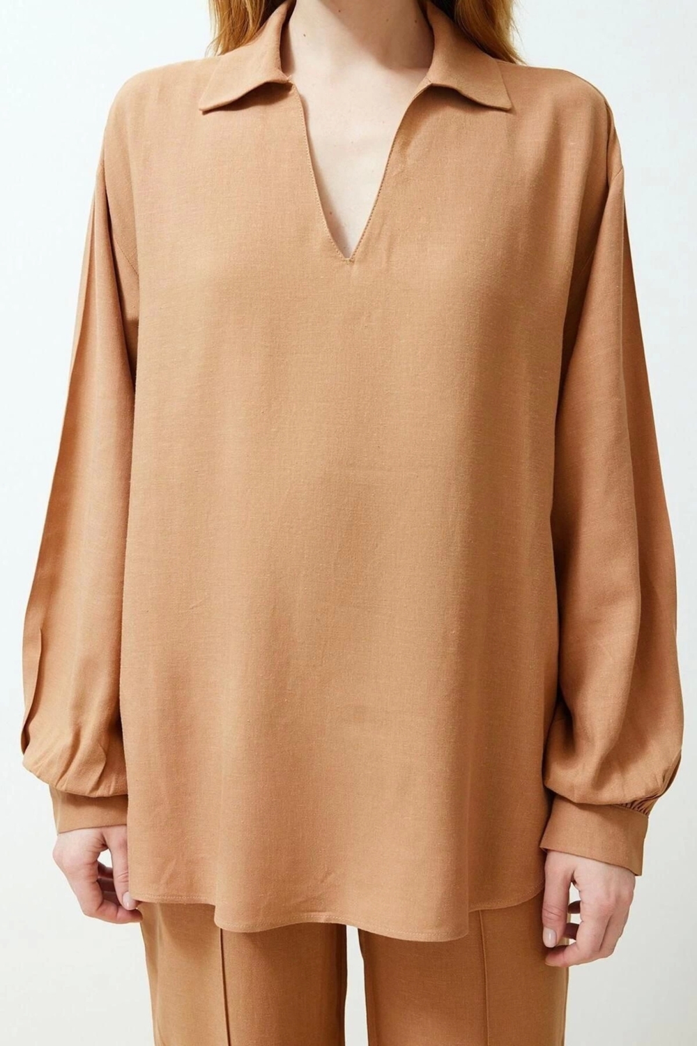 Moda V Yaka Casual Günlük Geniş Kesim V Yaka Bluz Straight Kesim Pantolon Dokuma Alt-Üst Takım