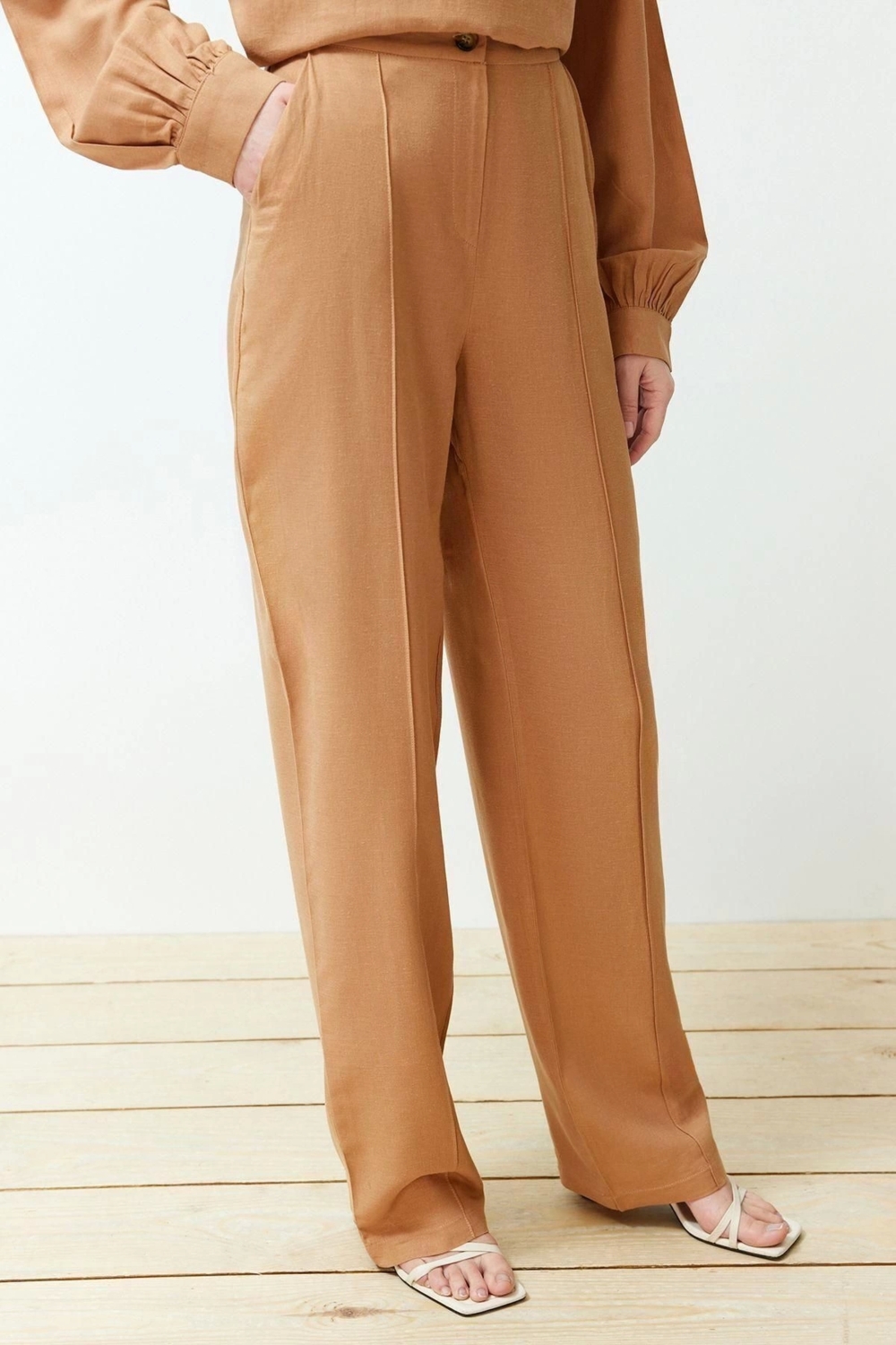 Moda V Yaka Casual Günlük Geniş Kesim V Yaka Bluz Straight Kesim Pantolon Dokuma Alt-Üst Takım