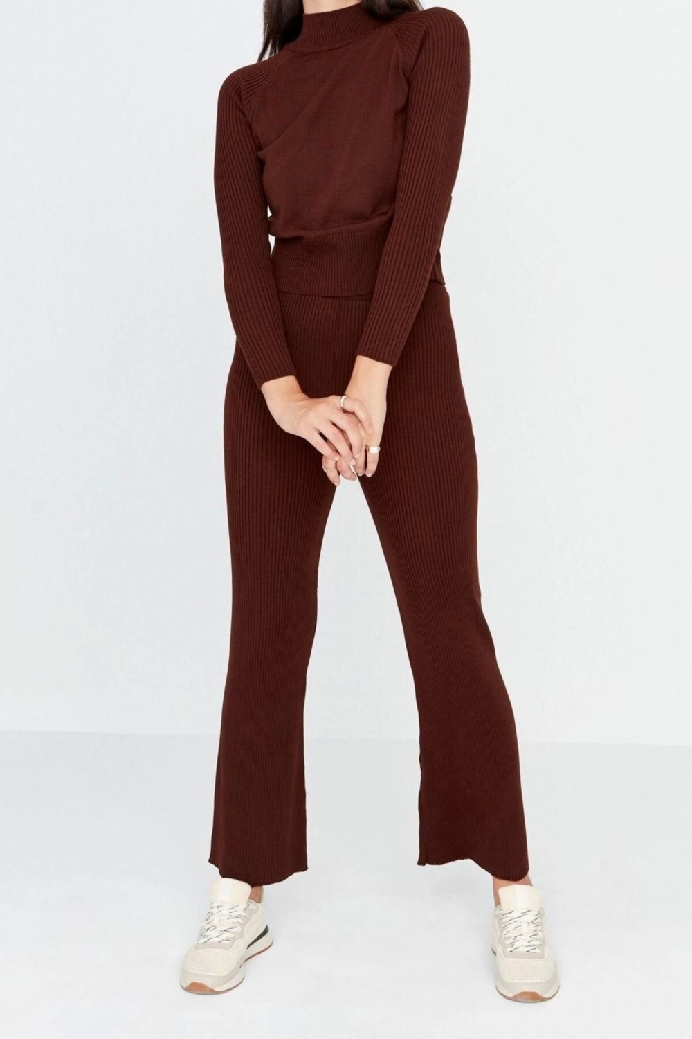 Moda Triko Düz Bisiklet Yaka Casual Günlük Crop Fitil Örgülü Triko Alt-Üst Takım
