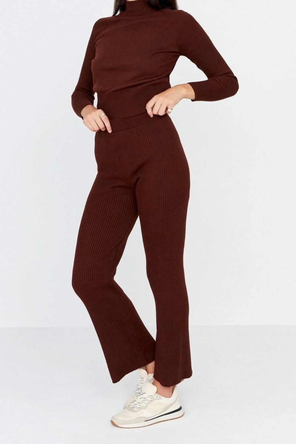 Moda Triko Düz Bisiklet Yaka Casual Günlük Crop Fitil Örgülü Triko Alt-Üst Takım