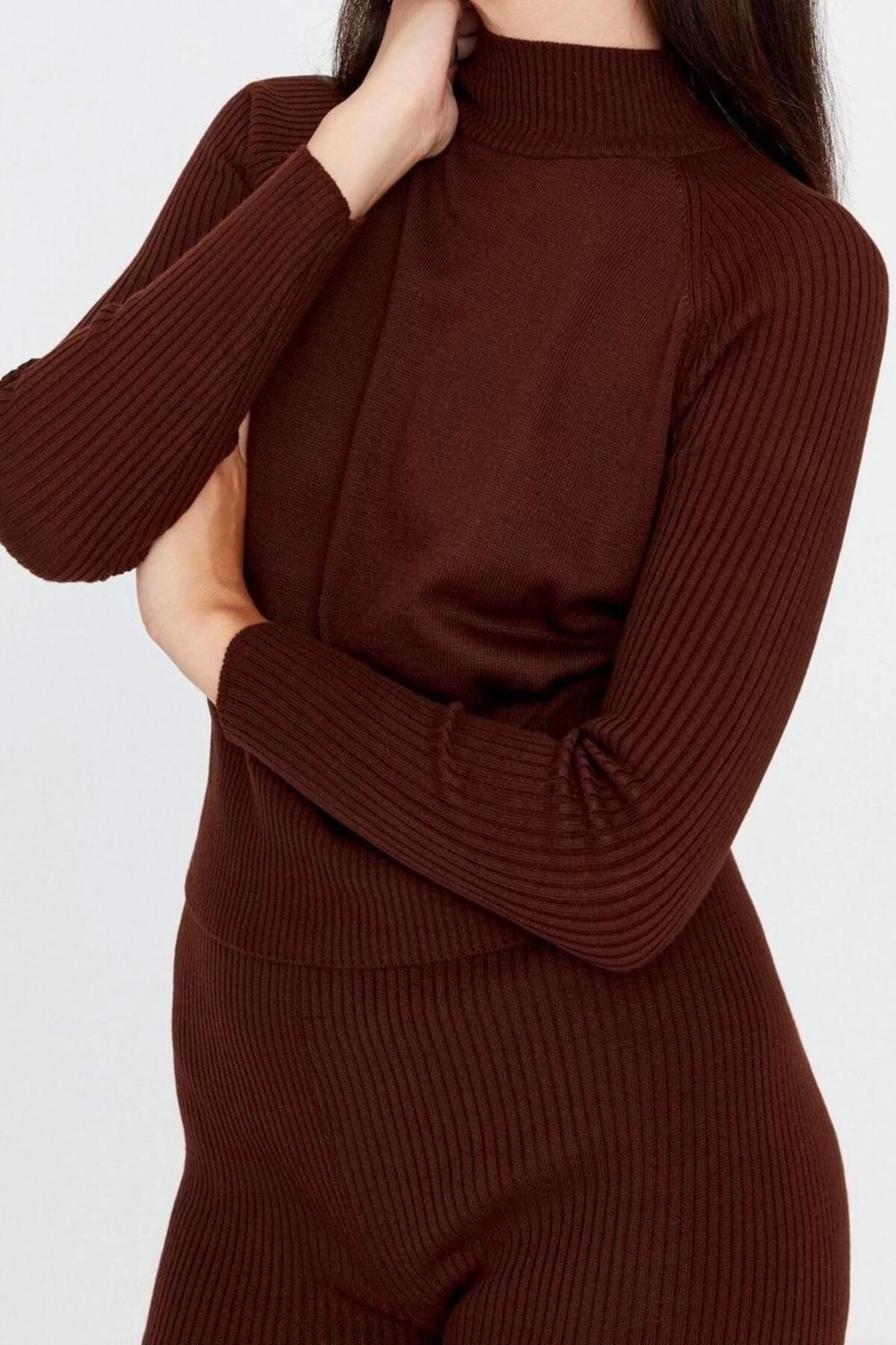 Moda Triko Düz Bisiklet Yaka Casual Günlük Crop Fitil Örgülü Triko Alt-Üst Takım