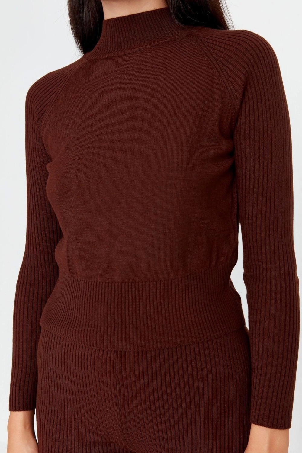 Moda Triko Düz Bisiklet Yaka Casual Günlük Crop Fitil Örgülü Triko Alt-Üst Takım