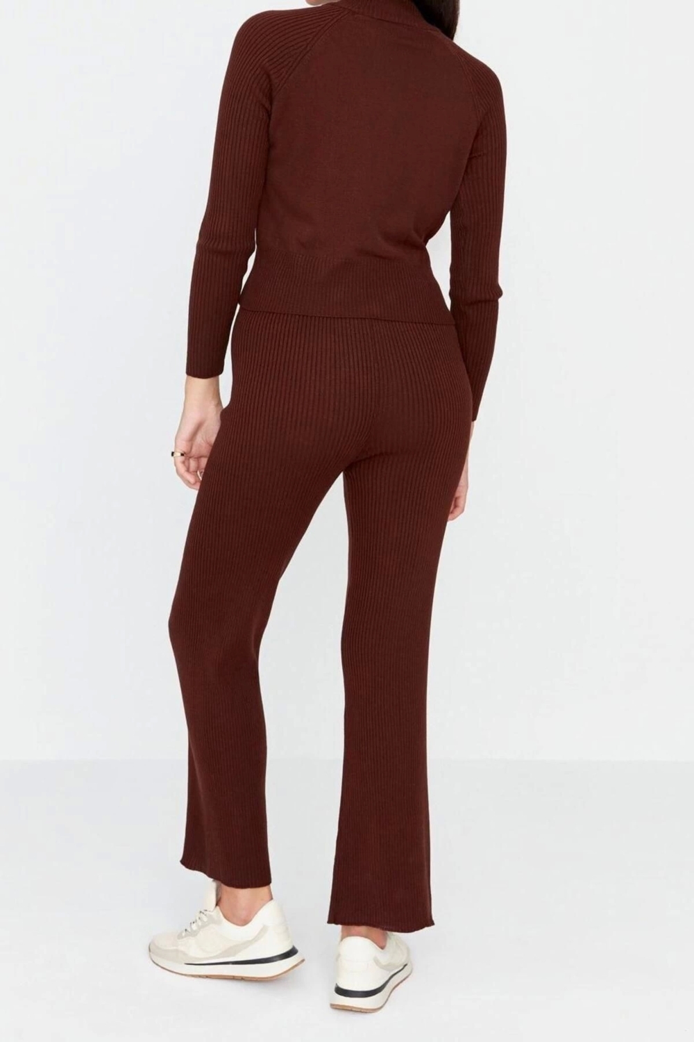 Moda Triko Düz Bisiklet Yaka Casual Günlük Crop Fitil Örgülü Triko Alt-Üst Takım