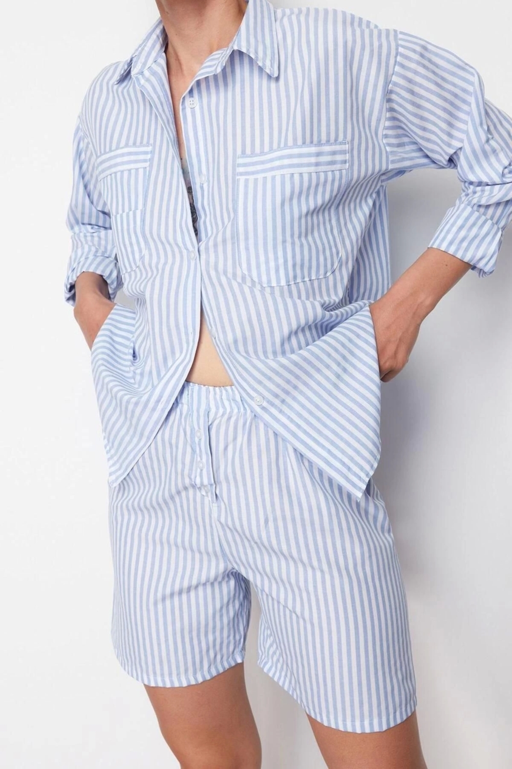 Moda Dokuma Çizgili Bisiklet Yaka Casual Günlük Regular Dokuma Alt-Üst Takım