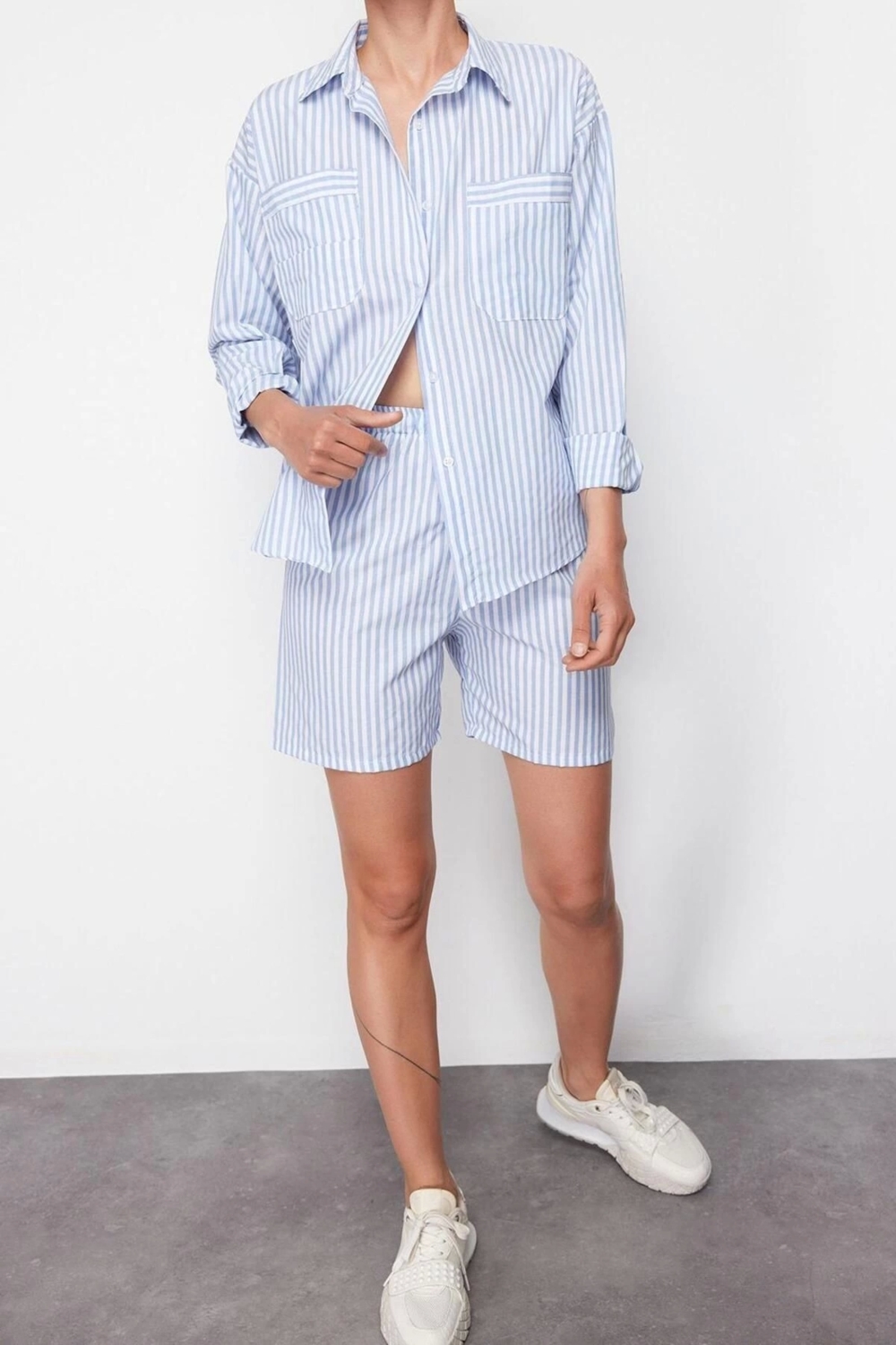 Moda Dokuma Çizgili Bisiklet Yaka Casual Günlük Regular Dokuma Alt-Üst Takım