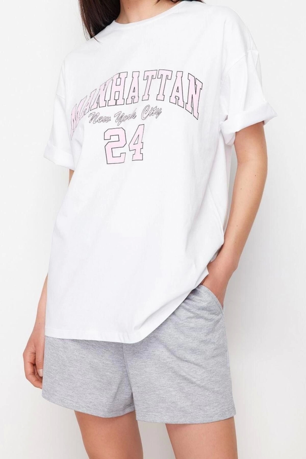 Moda Baskılı Bisiklet Yaka Düşük Kol Slogan Baskılı Oversize Geniş Kesim Örme Şort&T-shirt Takım