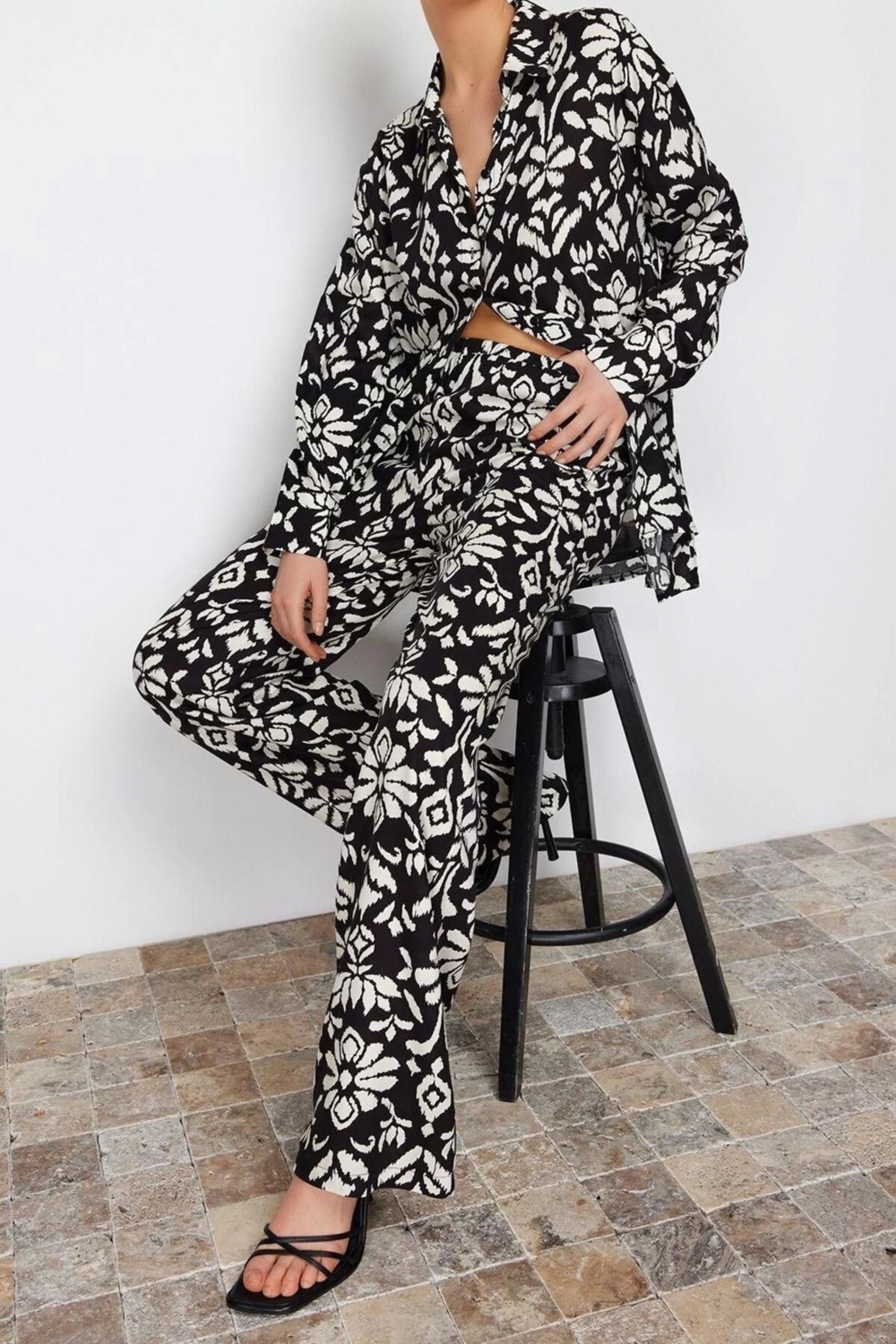 Moda Etnik Gömlek Yaka Casual Günlük Etnik Desenli Viskon Kumaşlı Dokuma Alt-Üst Takım