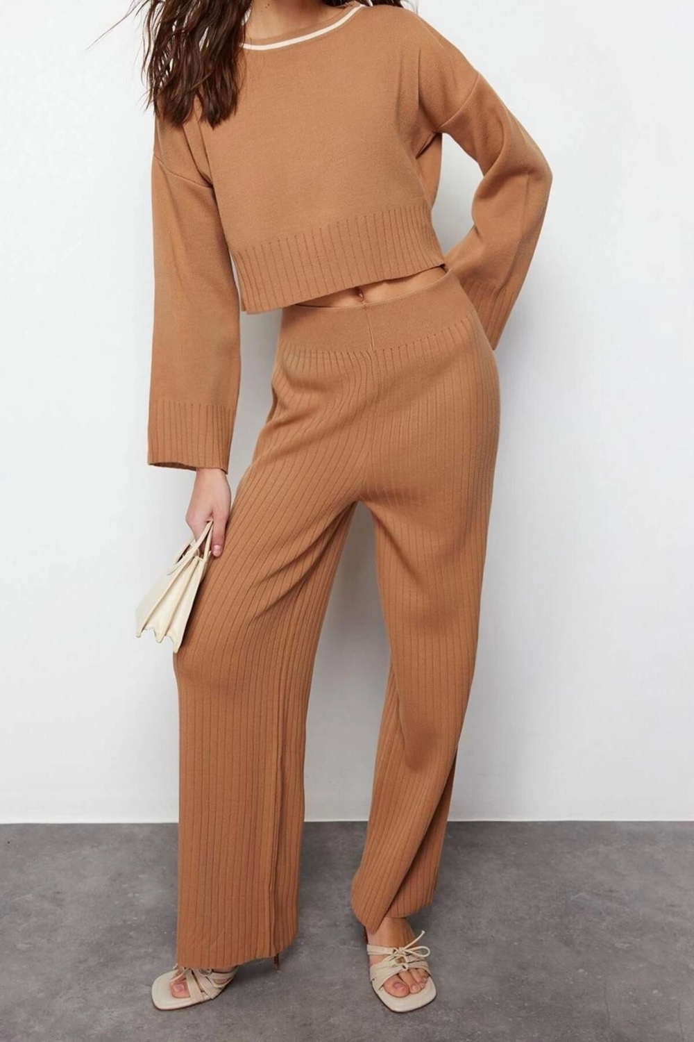 Moda Renk Bloklu Bisiklet Yaka Casual Günlük Siyah Biye Detaylı Renk Bloklu Triko Alt-Üst Takım